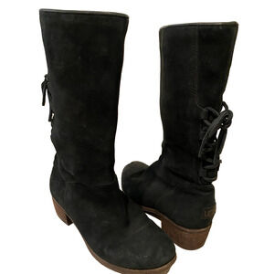 UGG Cary Black Suede Leather Lace up Block Heel Mid Calf Boots 6 1005949